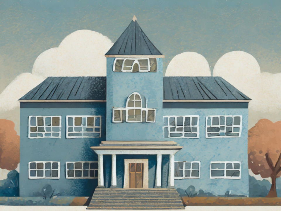 An illustration of a blue schoolhouse